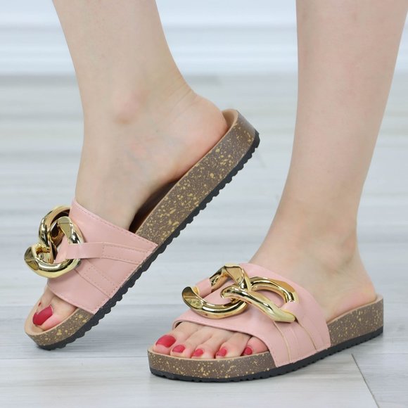 Pink Flat Slip On Sliders Sandal Trendy Comfort Lightweight Blush and Gold - Picture 13 of 13